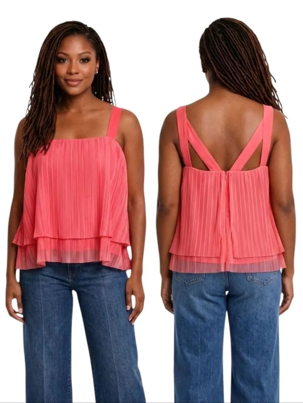 DKNY Coral Plissé Mesh Square Neck Tank Top Size XL